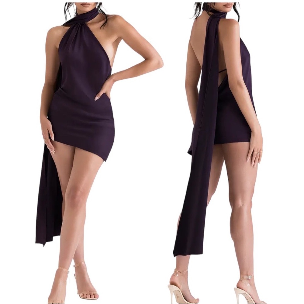 House of CB Aida Satin Halter Minidress with Sash in Night Shade Size S NWT - Picture 1 of 16
